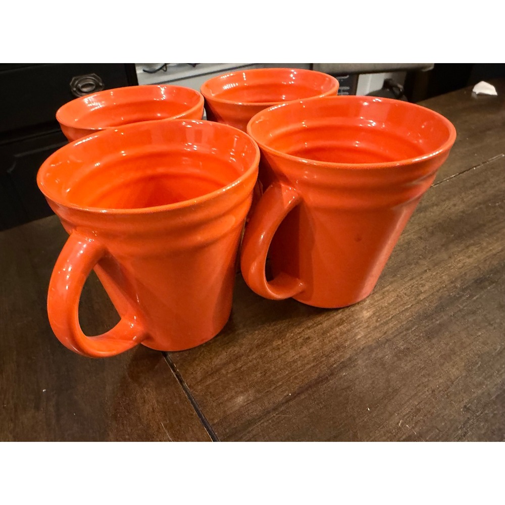 Rachael Ray Double Ridge Tangerine Orange Stoneware Coffee Mugs Set of 4 58560